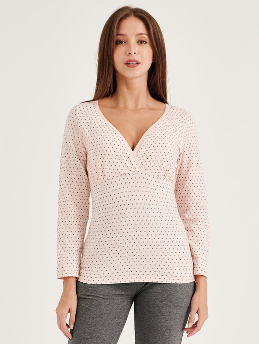 Pink Polka Dots Long Sleeves V-neck Pull-Down Nursing Pajamas