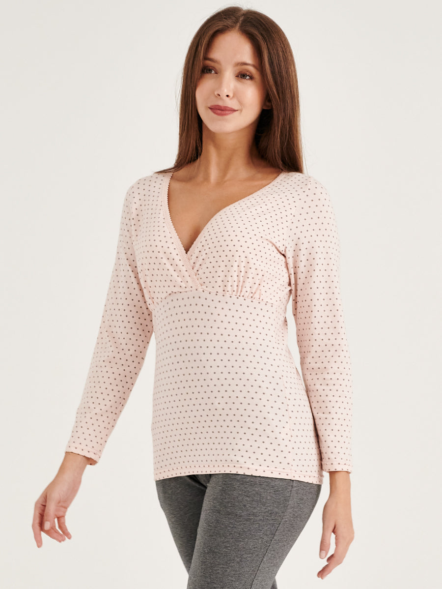 Pink Polka Dots Long Sleeves V-neck Pull-Down Nursing Pajamas