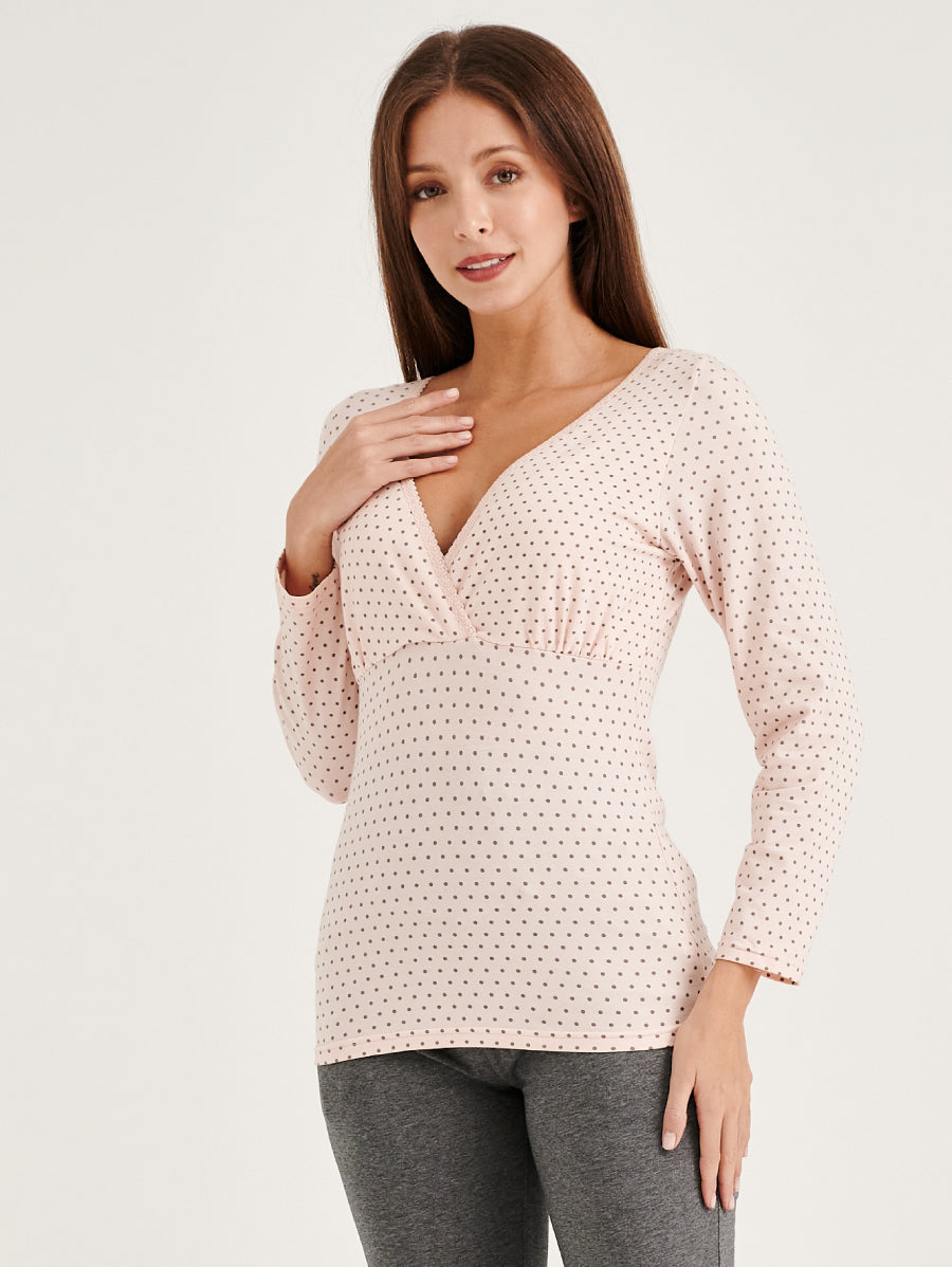 Pink Polka Dots Long Sleeves V-neck Pull-Down Nursing Pajamas