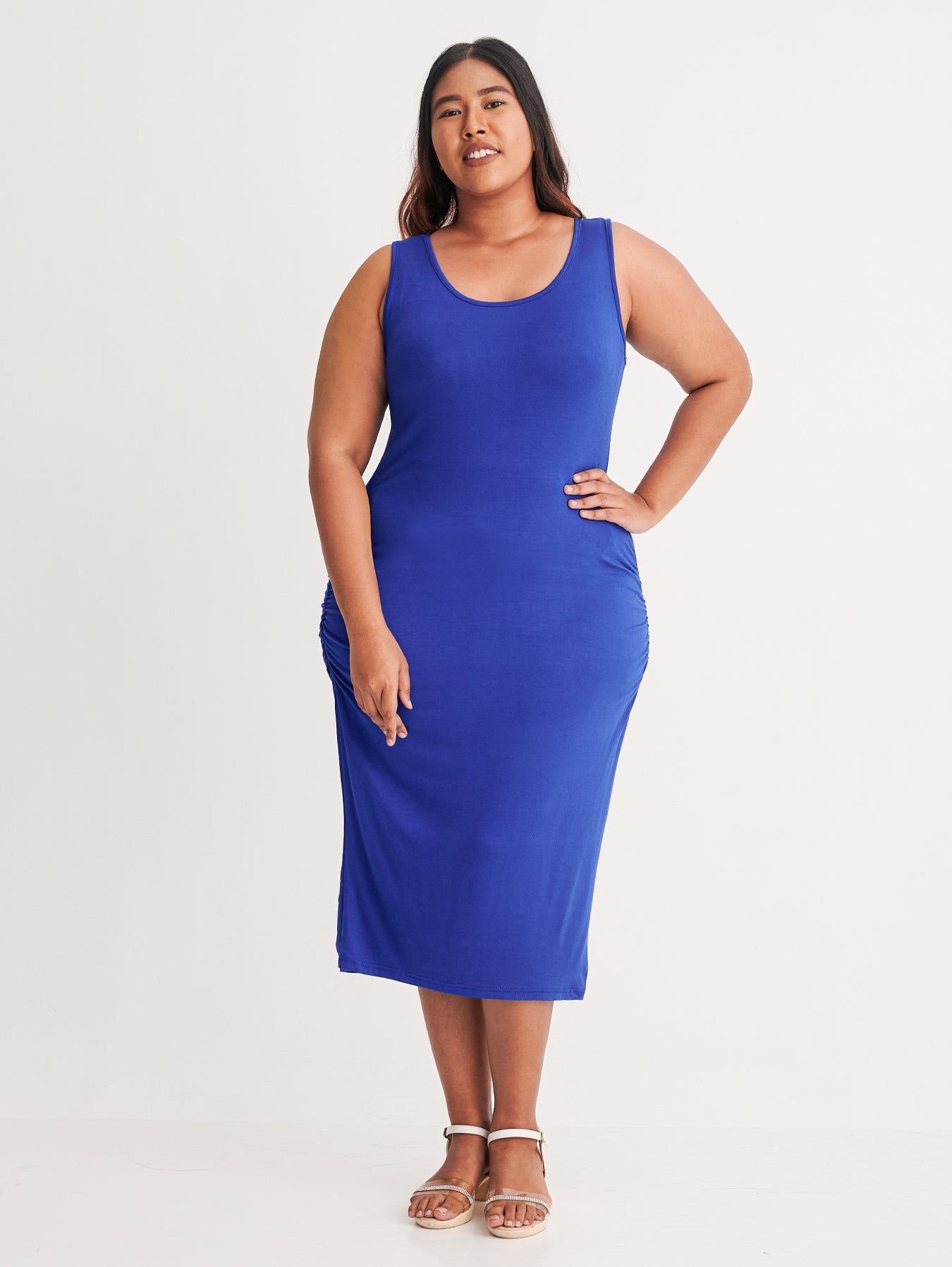 Side Ruched Sleeveless Tank Midi Dress