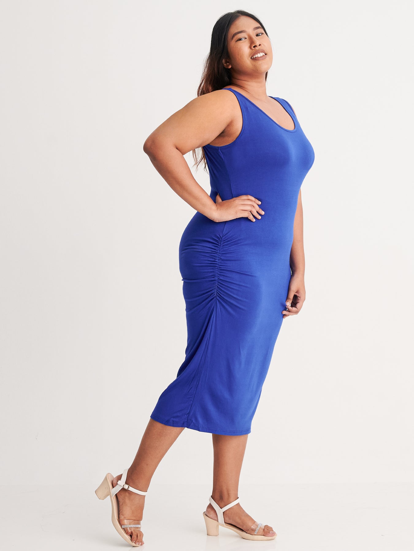 Side Ruched Sleeveless Tank Midi Dress