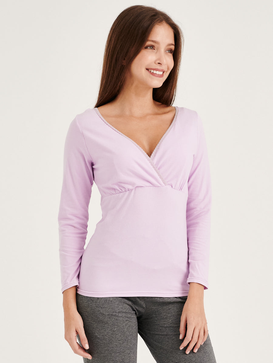 Purple Long Sleeves V-neck Pull-Down Nursing Pajamas