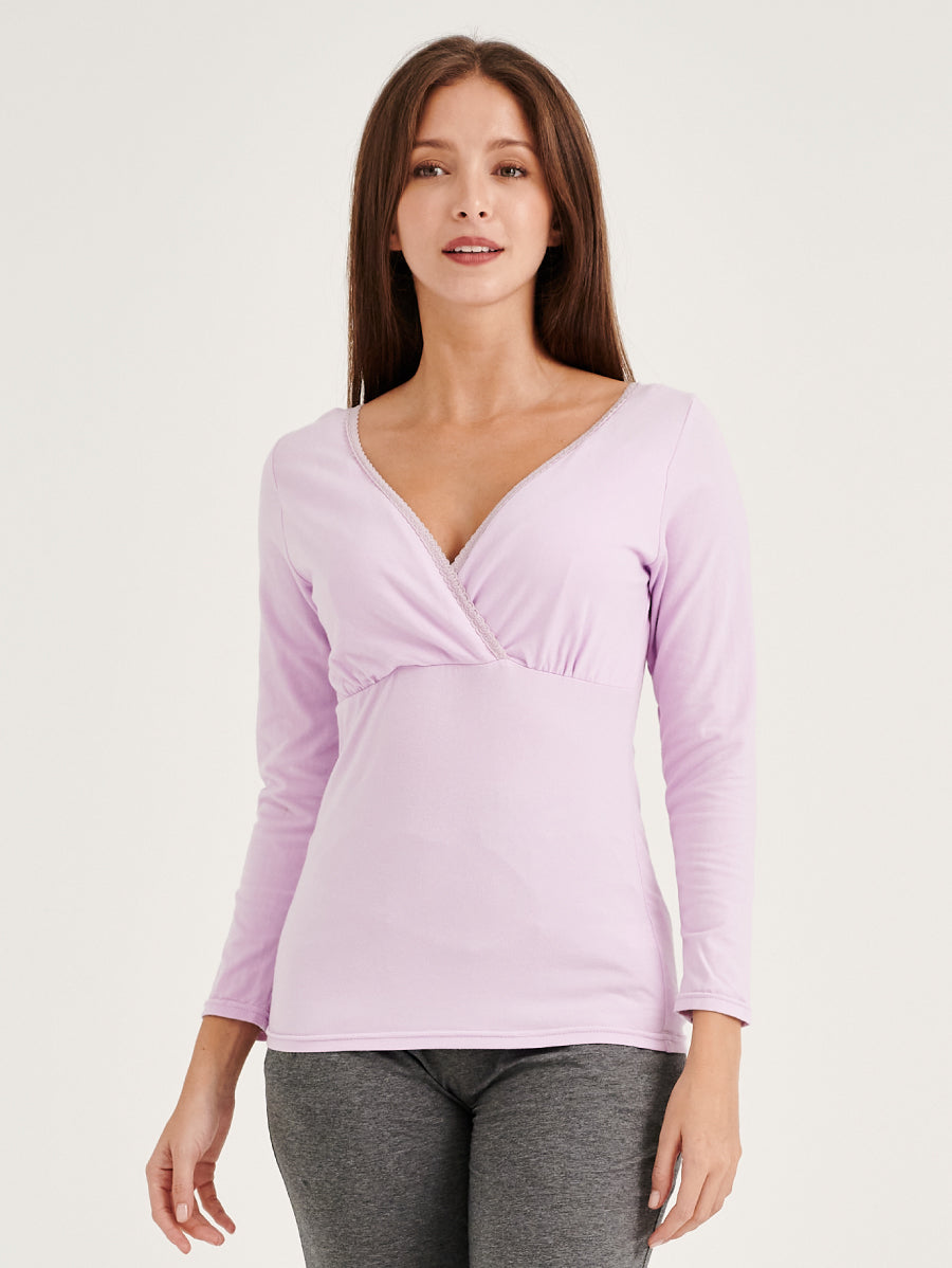 Purple Long Sleeves V-neck Pull-Down Nursing Pajamas