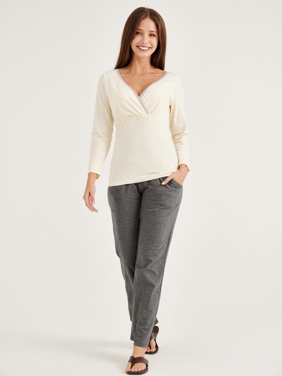 Yellow Long Sleeves V-neck Pull-Down Nursing Pajamas