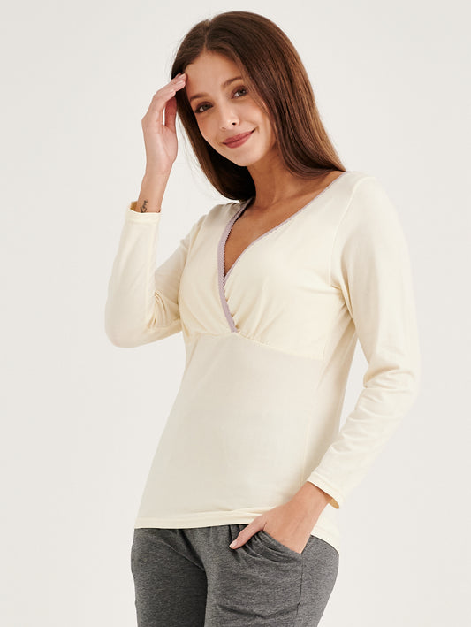 Yellow Long Sleeves V-neck Pull-Down Nursing Pajamas