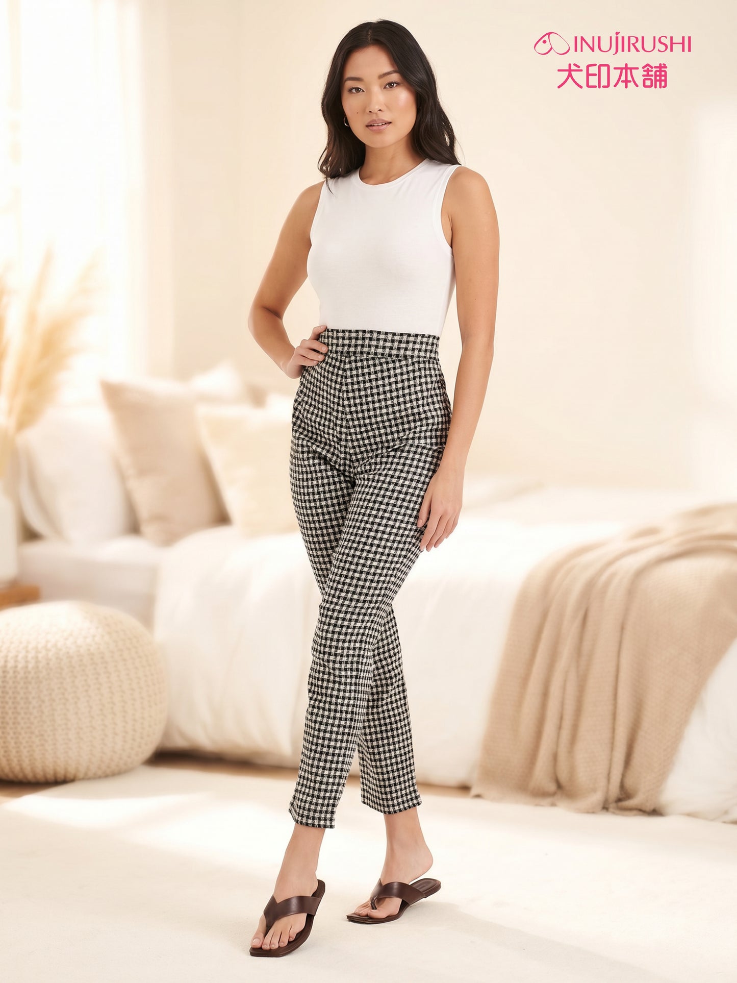 Checkered Support Outer Tightening Cross Belt Pelvis Pants