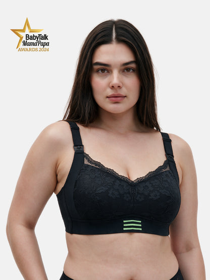 Bmama plus size non-wired nursing bra in black showing mesh lace detail