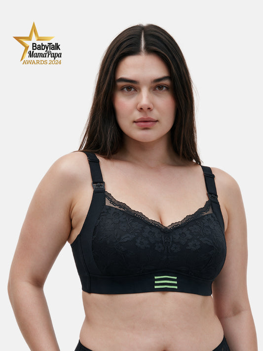 Bmama plus size non-wired nursing bra in black showing mesh lace detail
