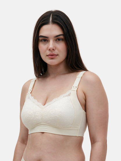 Bmama plus size non-wired nursing bra in champagne showing mesh lace detail