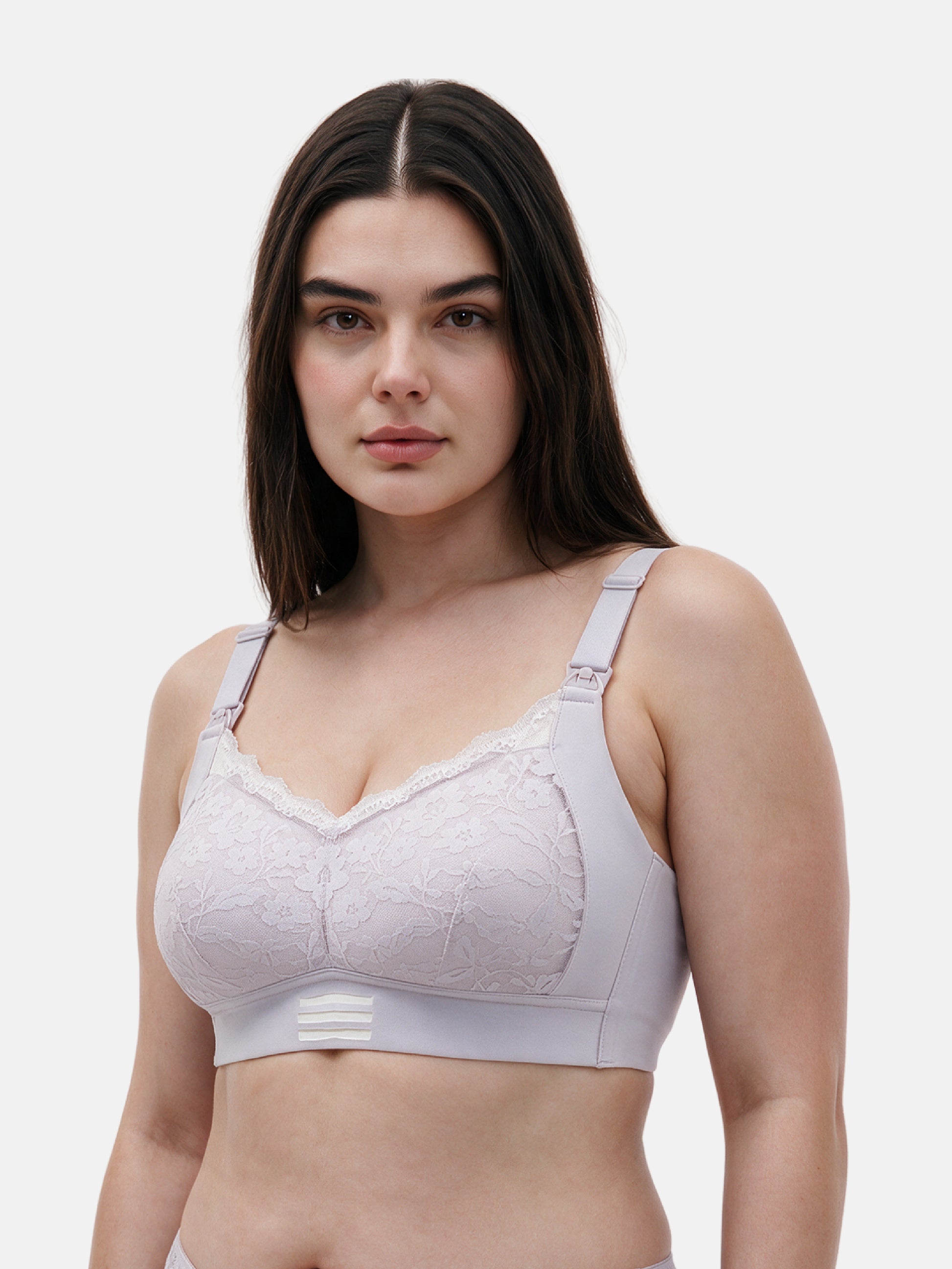 Bmama plus size non-wired nursing bra in purple showing mesh lace detail
