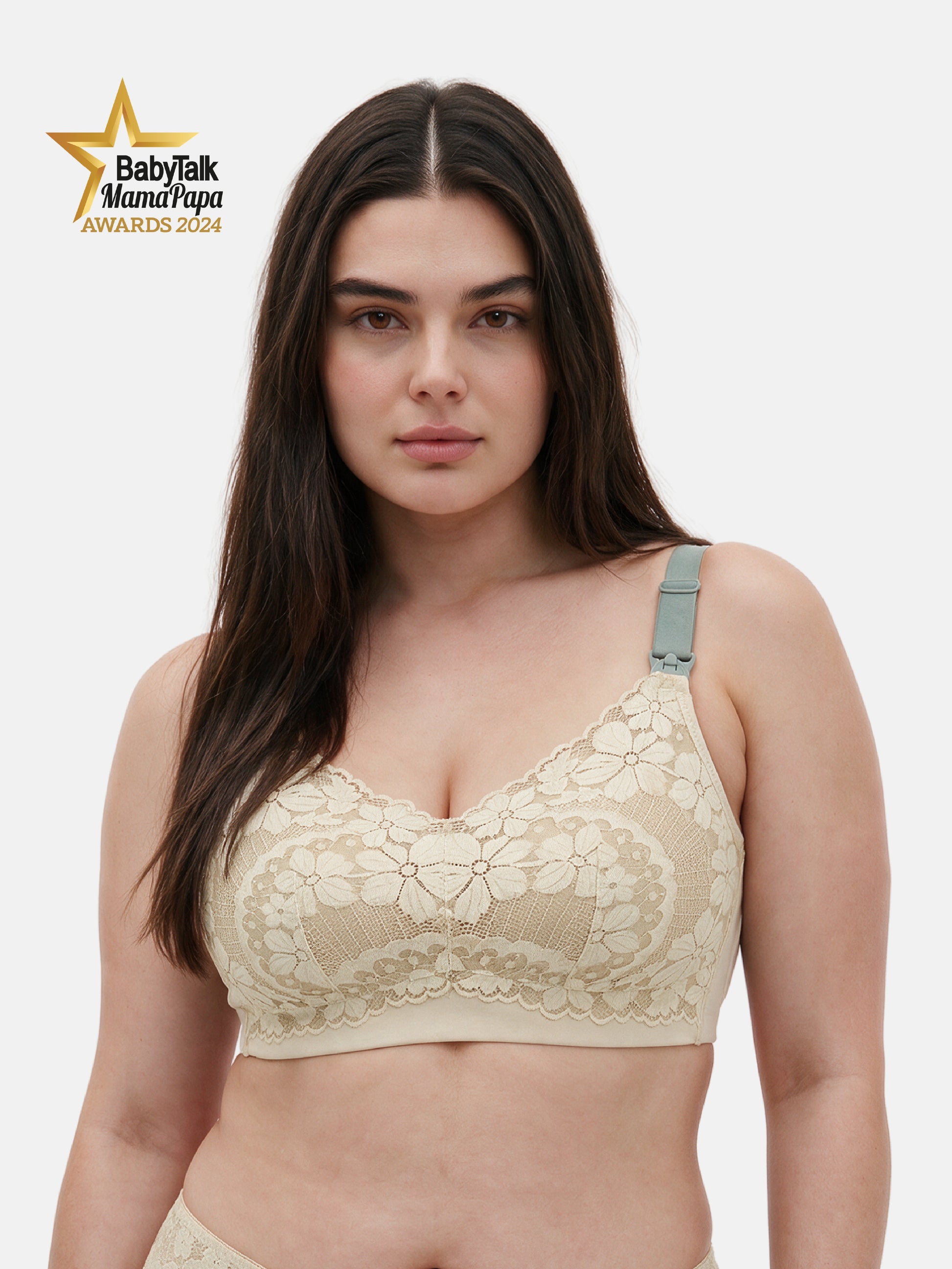 Bmama plus size wireless nursing bra in green showing mesh lace detail