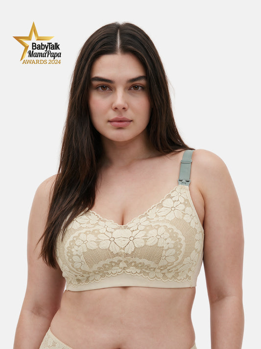 Bmama plus size wireless nursing bra in green showing mesh lace detail