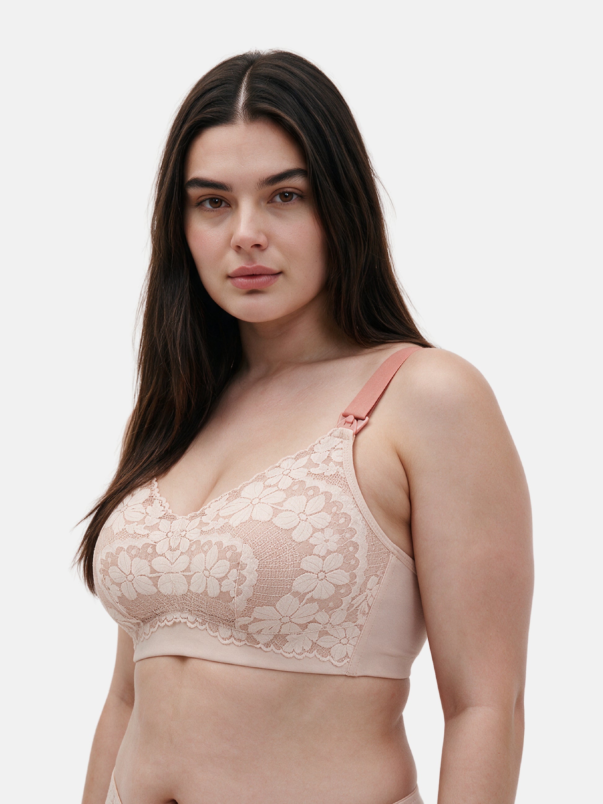 Bmama plus size wireless nursing bra in pink showing mesh lace detail