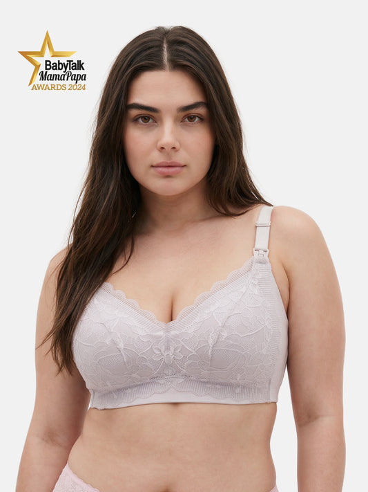 Bmama plus size plunge nursing bra in purple on full figured model