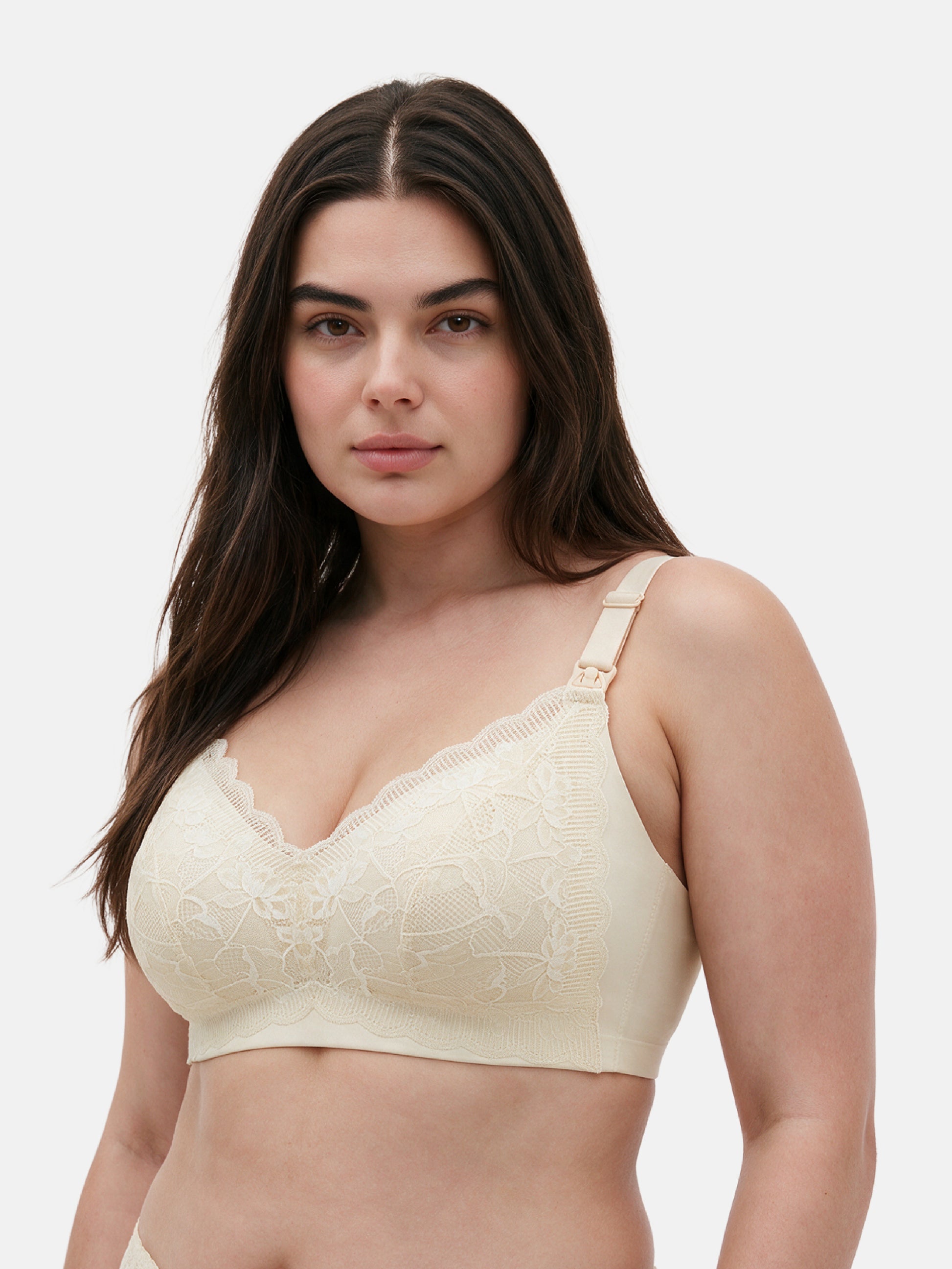 Bmama plus size plunge nursing bra in champagne on full figured model