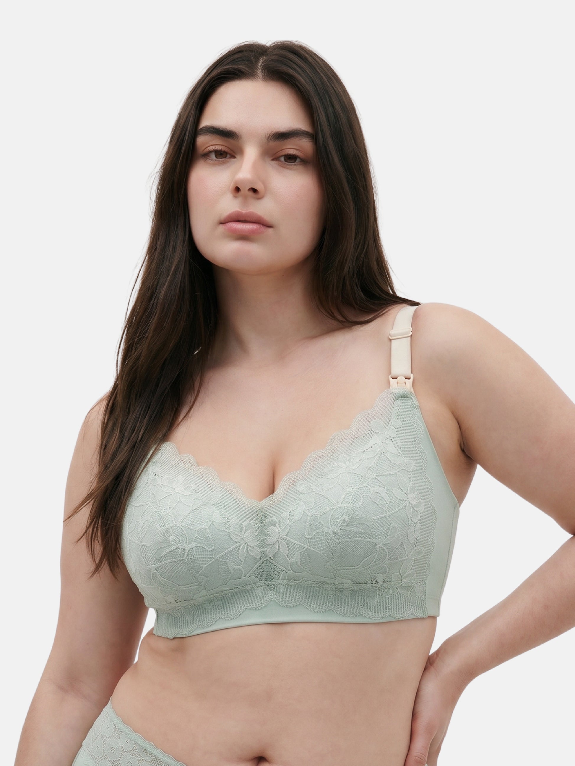 Bmama plus size plunge nursing bra in green on full figured model