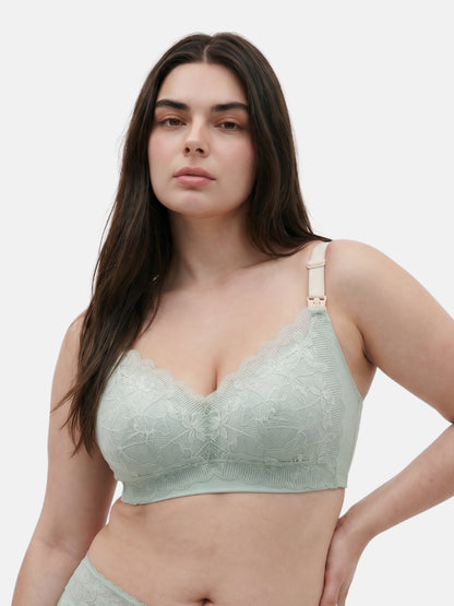 Bmama plus size plunge nursing bra in green on full figured model