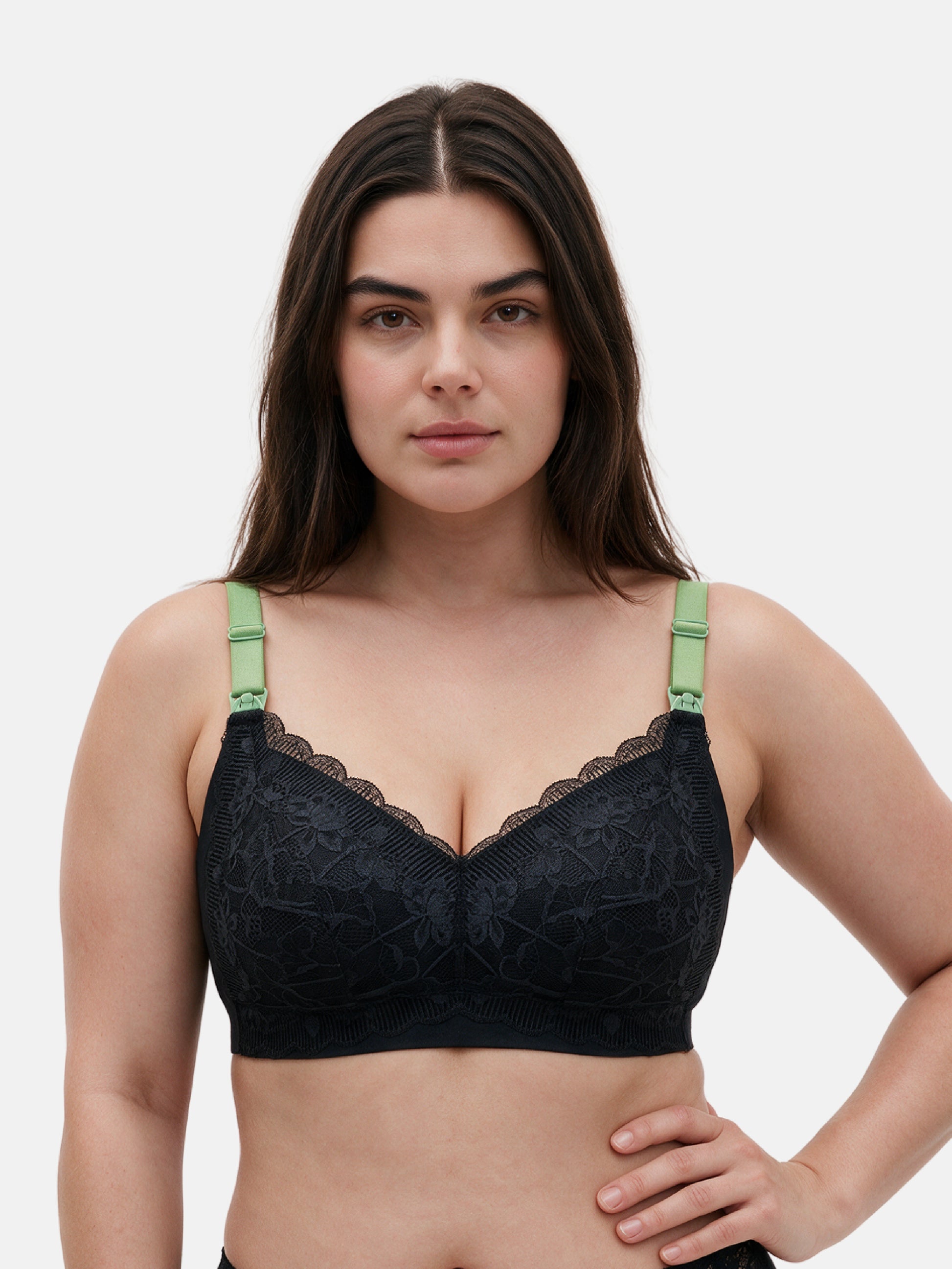 Bmama plus size plunge nursing bra in black on full figured model