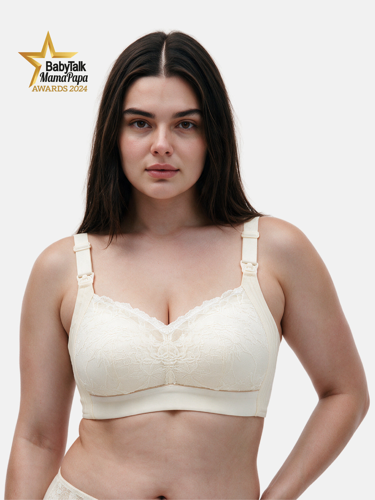 Bmama plus size full coverage wireless nursing bra on full-figured model