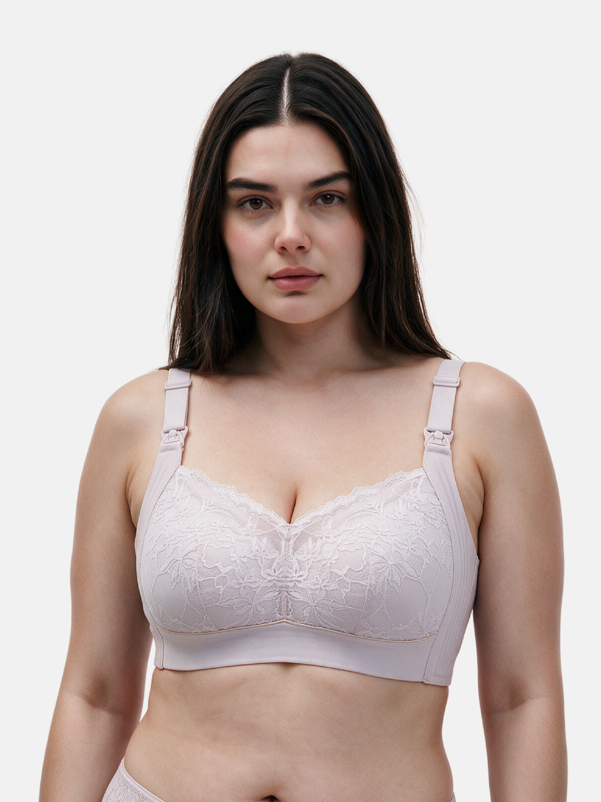 Bmama plus size full coverage wireless nursing bra on full-figured model