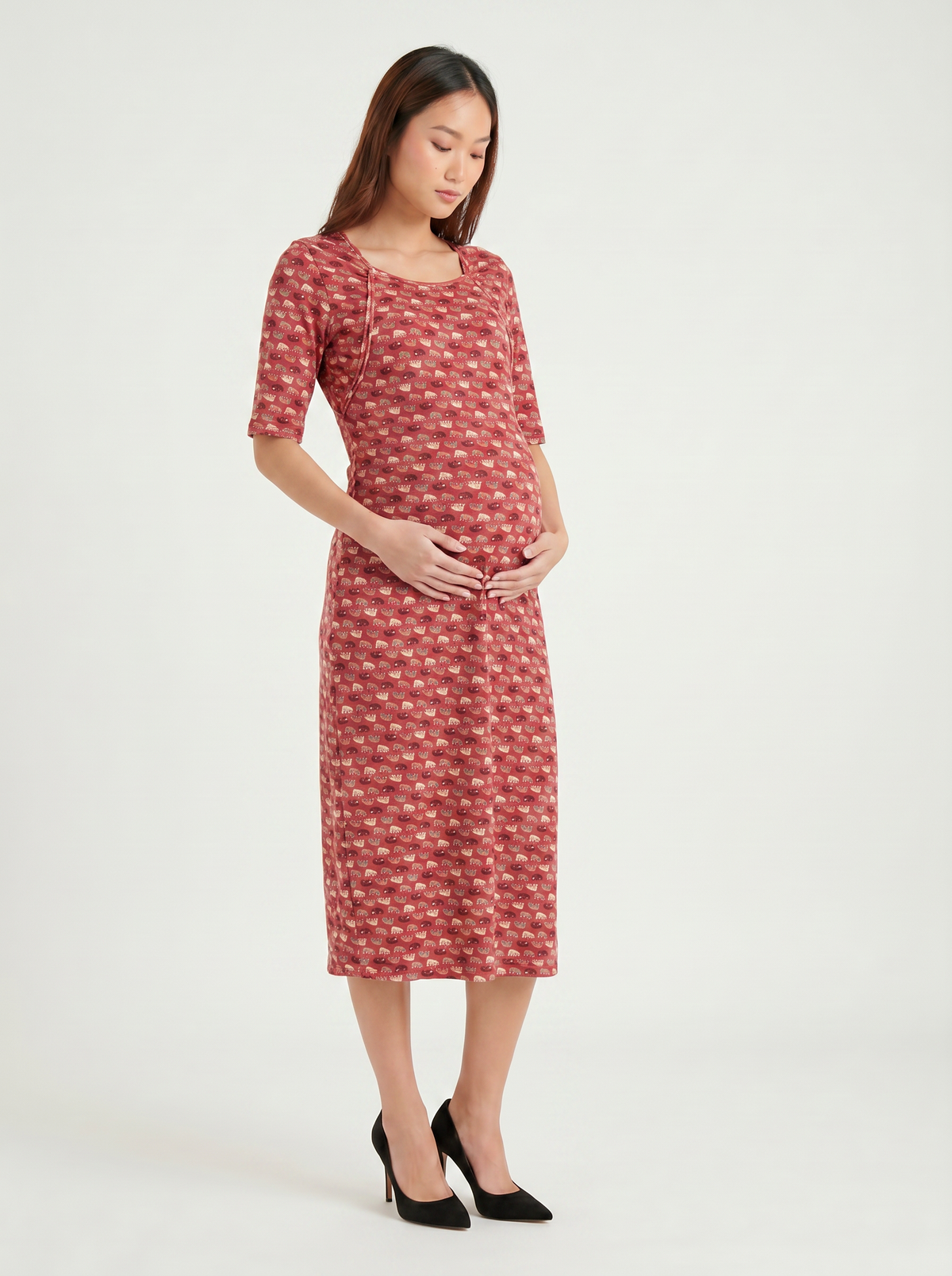 3/4 Sleeves Maternity & Nursing Midi Dress