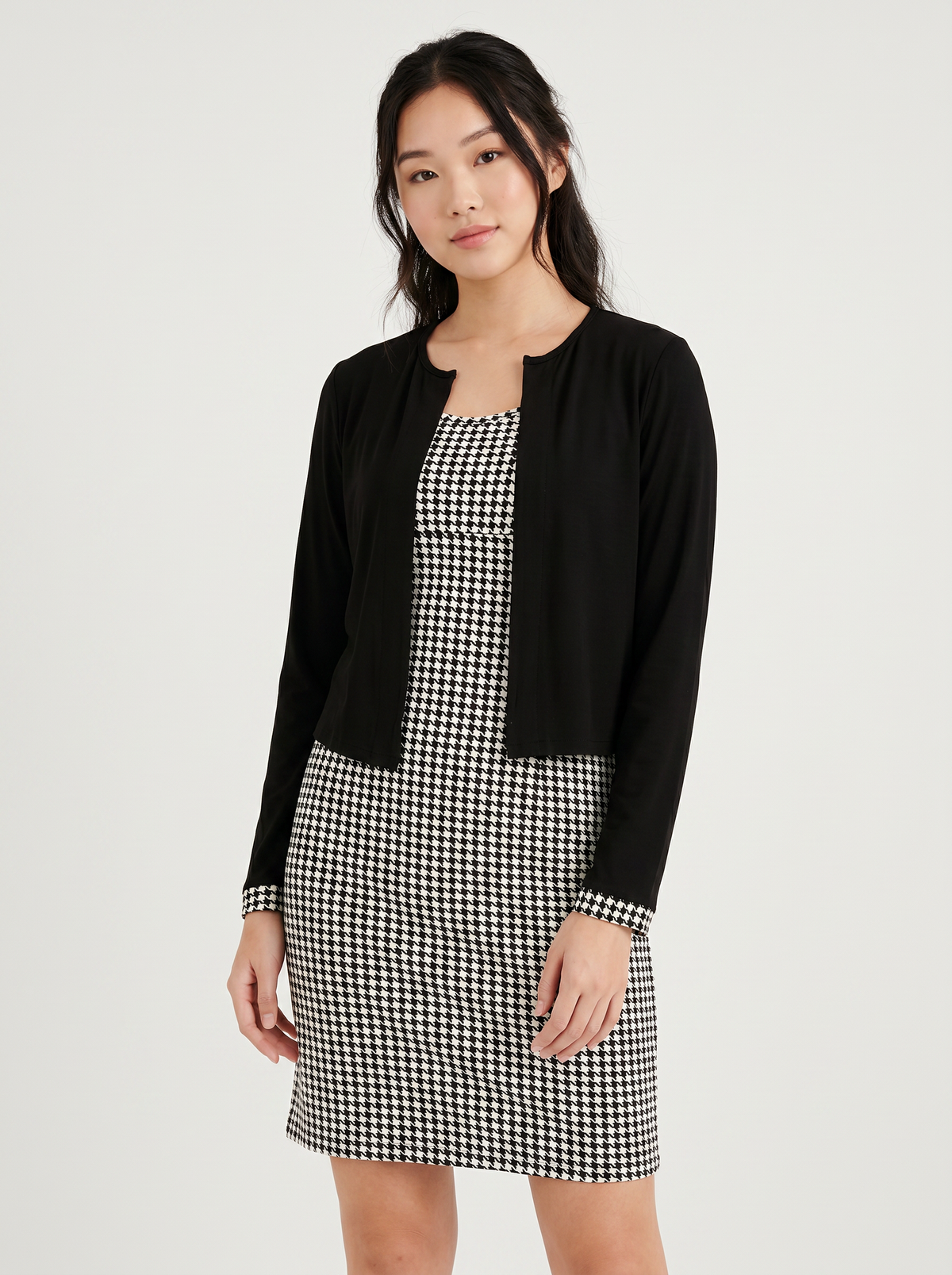Elegant Maternity Houndstooth Dress & Tweed Jacket Set