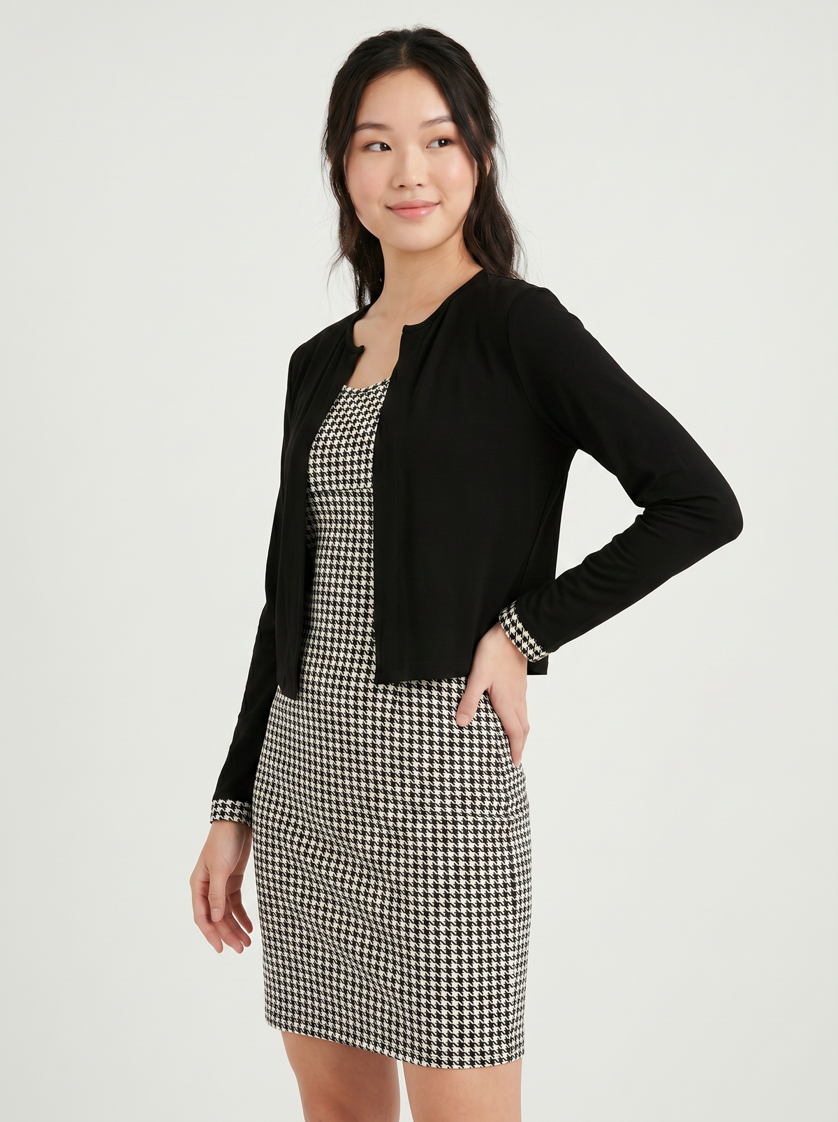 Elegant Maternity Houndstooth Dress & Tweed Jacket Set