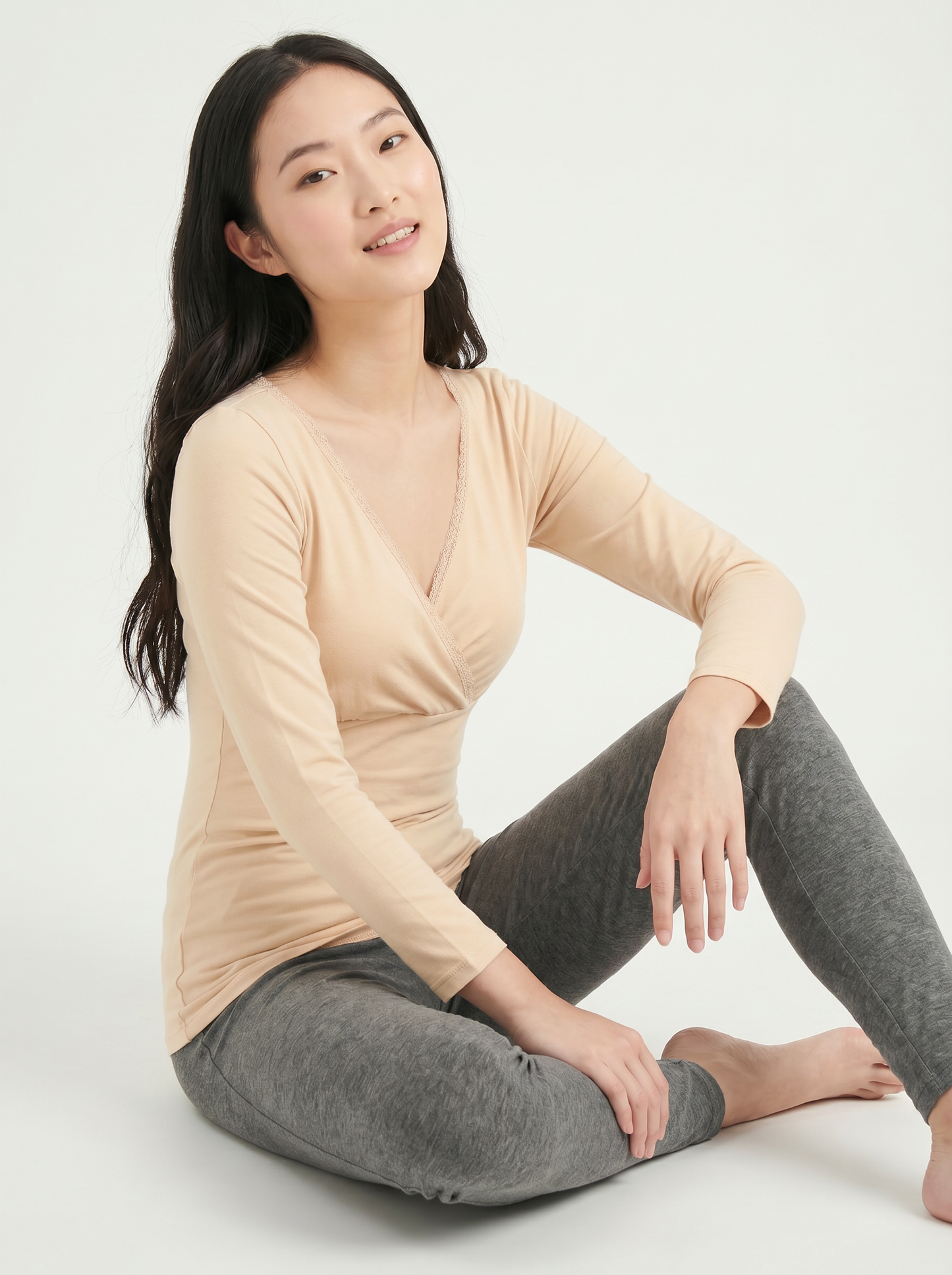 Long Sleeves Nursing Top - Beige