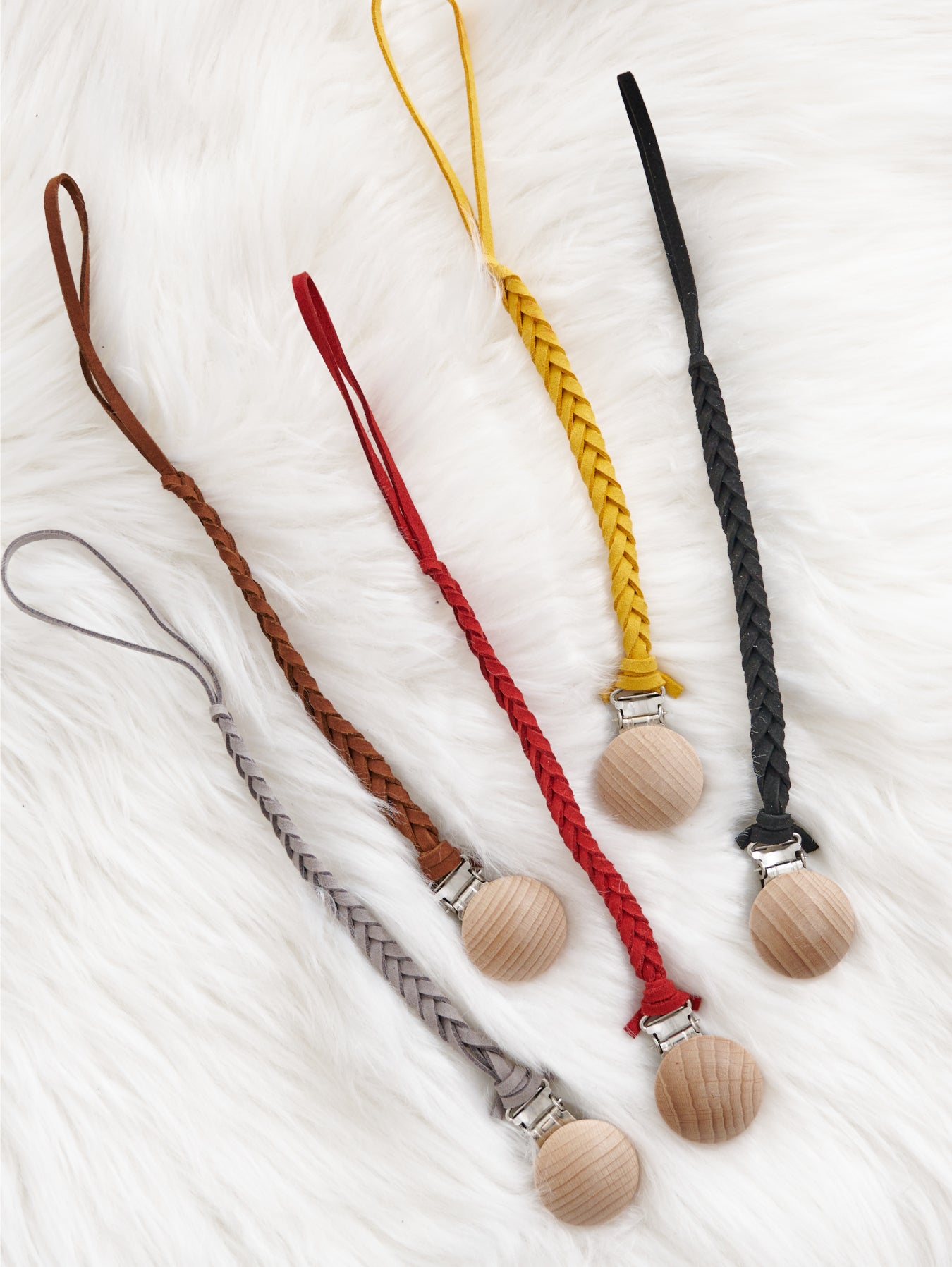 Pacifier clips with leather suede braid