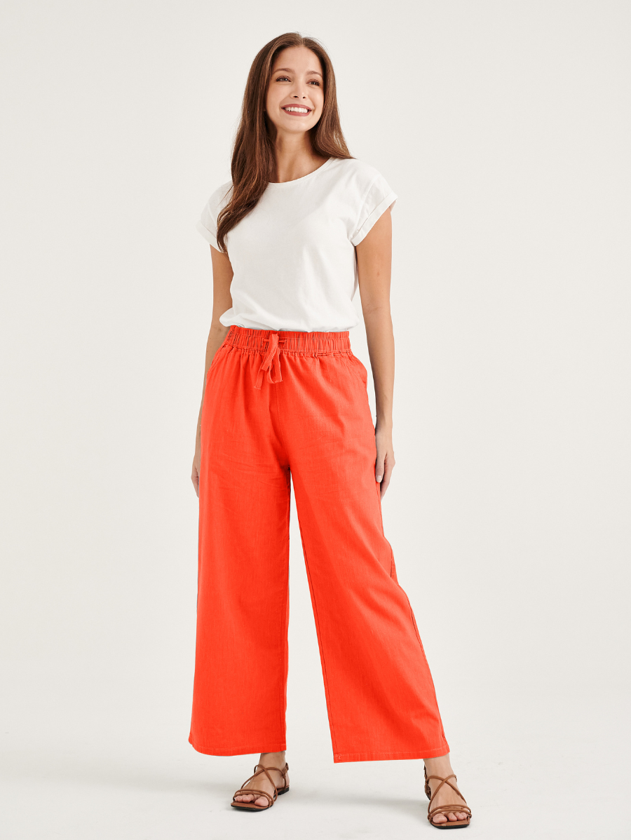 Red cotton linen pants for women